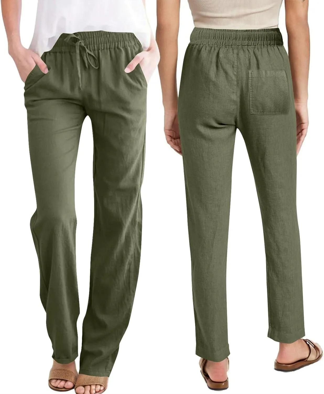 Cotton Linen Pants for Women Casual Summer Wide Leg Pants Drawstring High Waist Straight Leg Trousers with Pockets