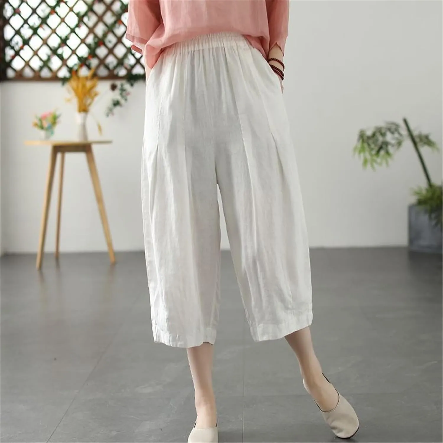 Cotton Linen Pants for Women Summer Casual Capri Pants Waist Elastic Comfy Loose Women's Palazzo Trousers with Pockets