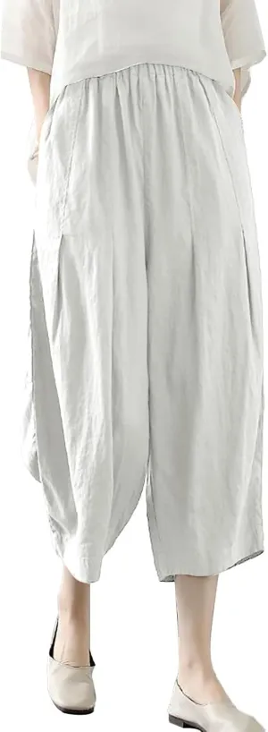 Cotton Linen Pants for Women Summer Casual Capri Pants Waist Elastic Comfy Loose Women's Palazzo Trousers with Pockets