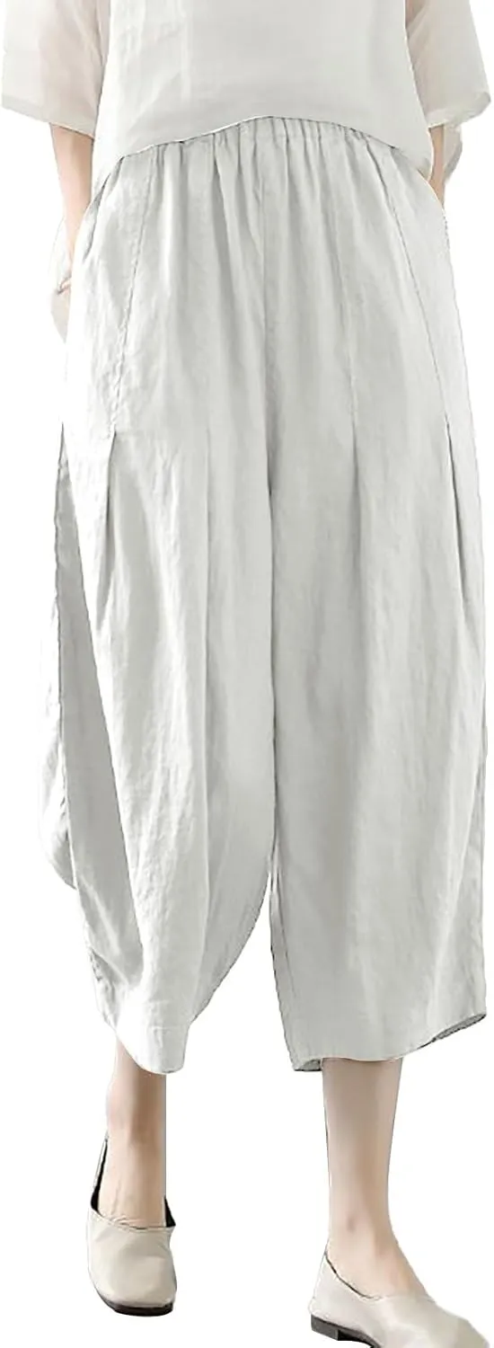Cotton Linen Pants for Women Summer Casual Capri Pants Waist Elastic Comfy Loose Women's Palazzo Trousers with Pockets