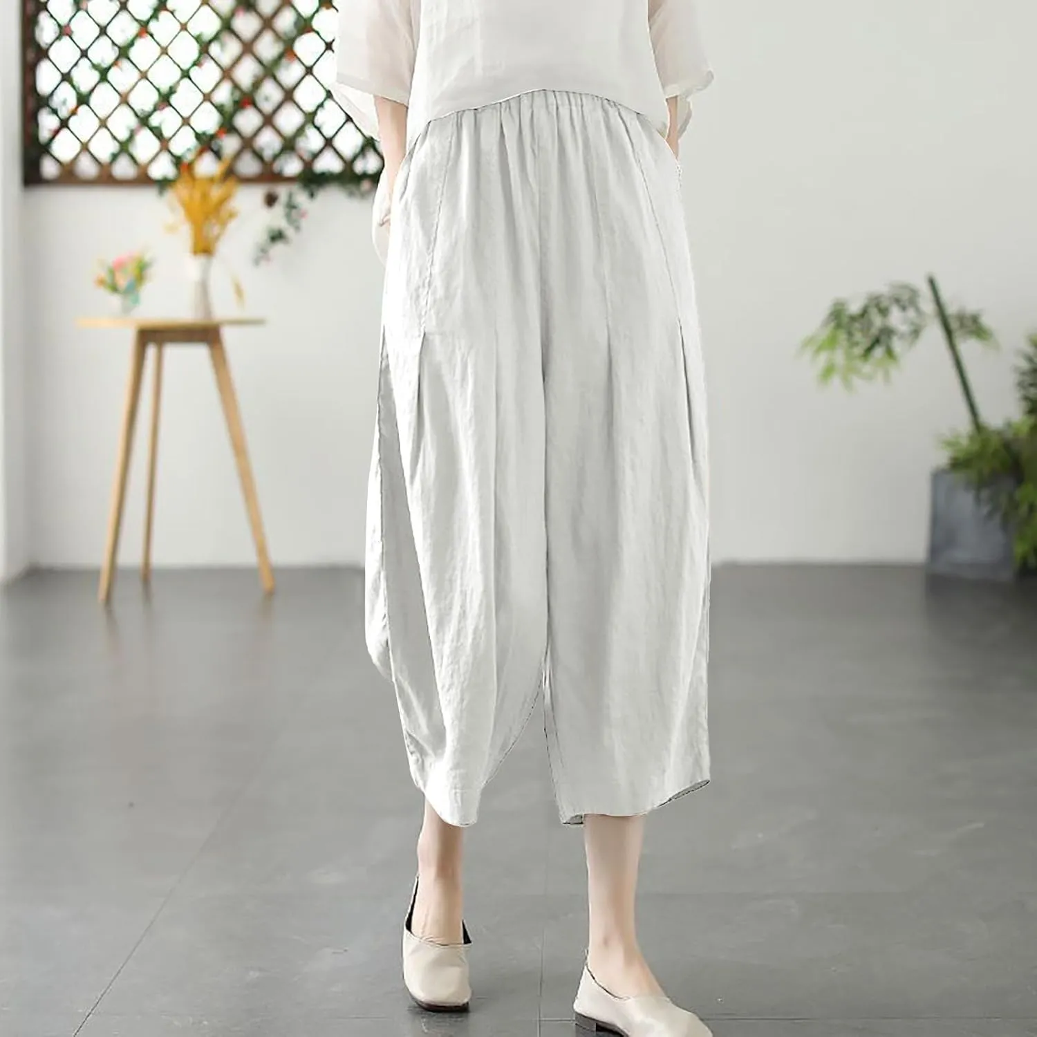 Cotton Linen Pants for Women Summer Casual Capri Pants Waist Elastic Comfy Loose Women's Palazzo Trousers with Pockets