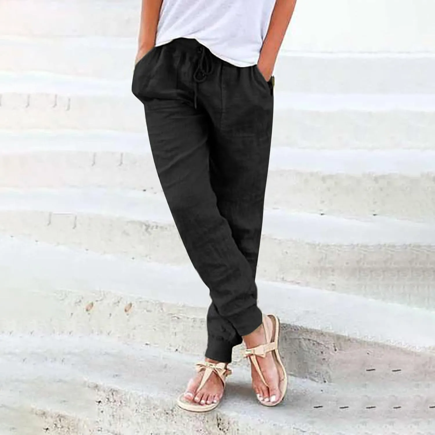 Cotton Linen Pants Women Breathable Comfy Solid Color Palazzo Pants Casual Trendy Elastic Waist Trousers with Pockets