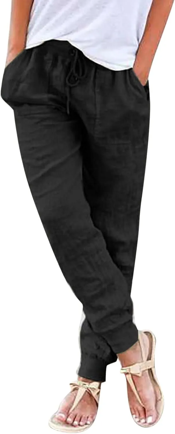 Cotton Linen Pants Women Breathable Comfy Solid Color Palazzo Pants Casual Trendy Elastic Waist Trousers with Pockets
