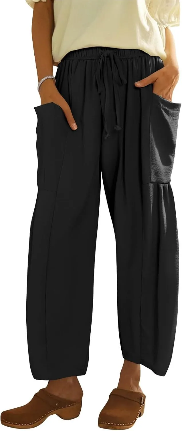 Cotton Linen Pants Women Capri Wide Leg Pants Palazzo Lounge Pant Drawstring Summer Beach Harem Pant with Pockets