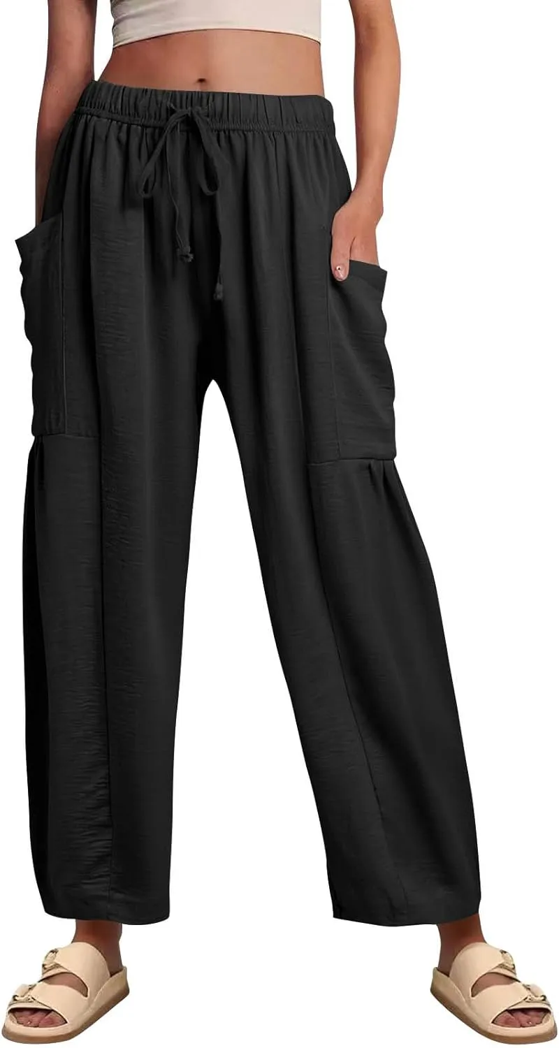 Cotton Linen Pants Women Capri Wide Leg Pants Palazzo Lounge Pant Drawstring Summer Beach Harem Pant with Pockets