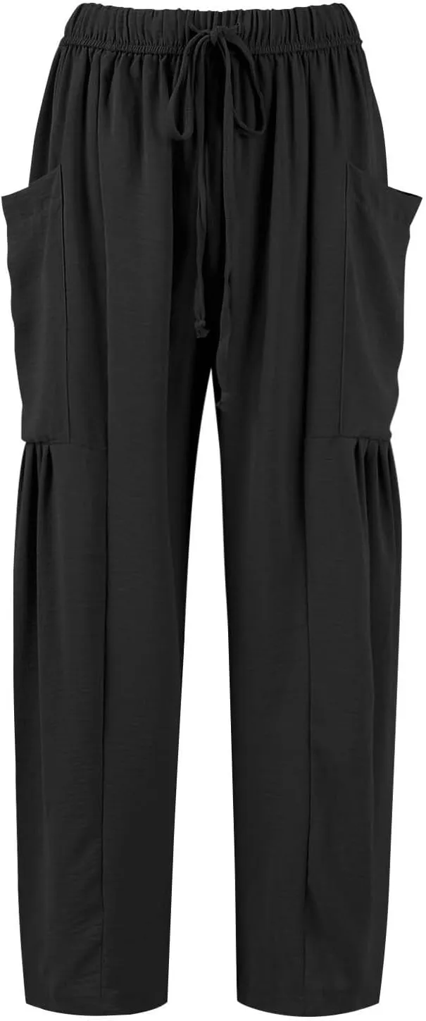 Cotton Linen Pants Women Capri Wide Leg Pants Palazzo Lounge Pant Drawstring Summer Beach Harem Pant with Pockets