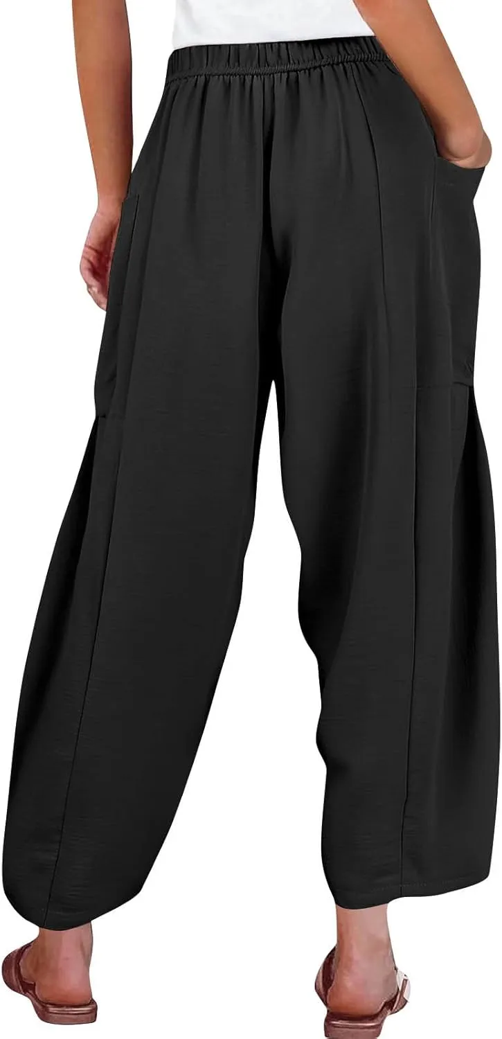 Cotton Linen Pants Women Capri Wide Leg Pants Palazzo Lounge Pant Drawstring Summer Beach Harem Pant with Pockets