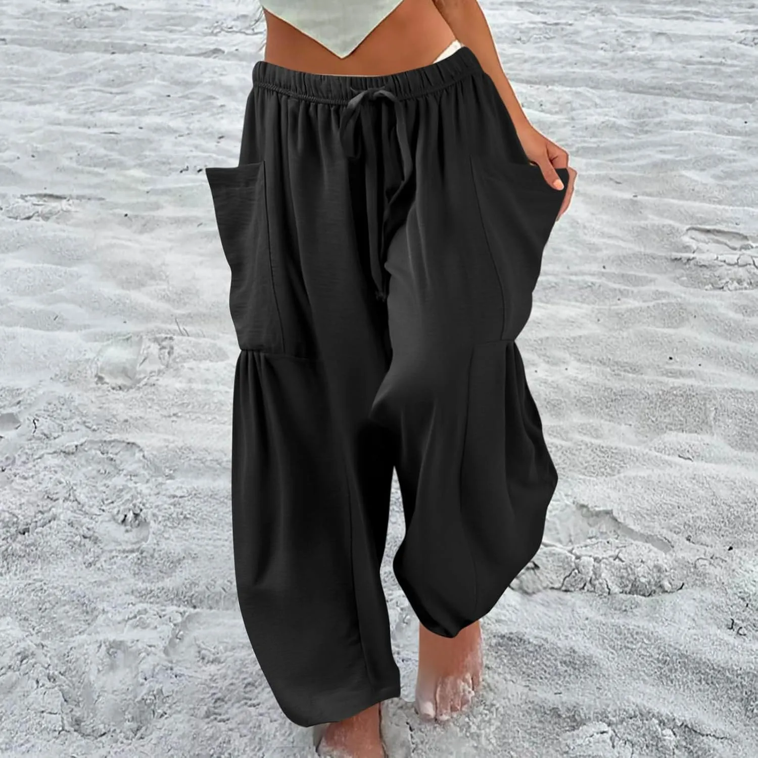 Cotton Linen Pants Women Capri Wide Leg Pants Palazzo Lounge Pant Drawstring Summer Beach Harem Pant with Pockets