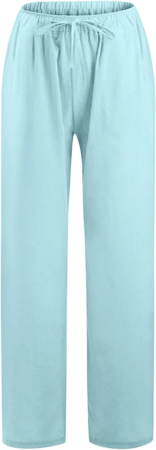 Cotton Linen Pants Women Straight Leg Casual Elastic High Waist Drawstring Work Trousers Loose Summer Palazzo Pants