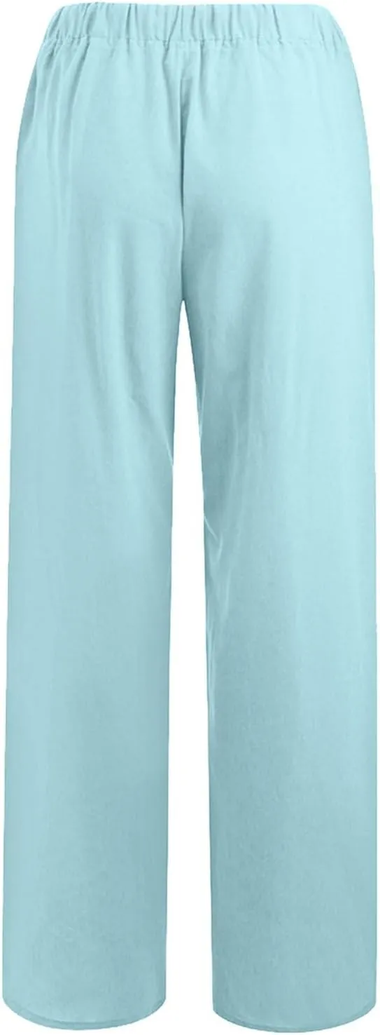 Cotton Linen Pants Women Straight Leg Casual Elastic High Waist Drawstring Work Trousers Loose Summer Palazzo Pants