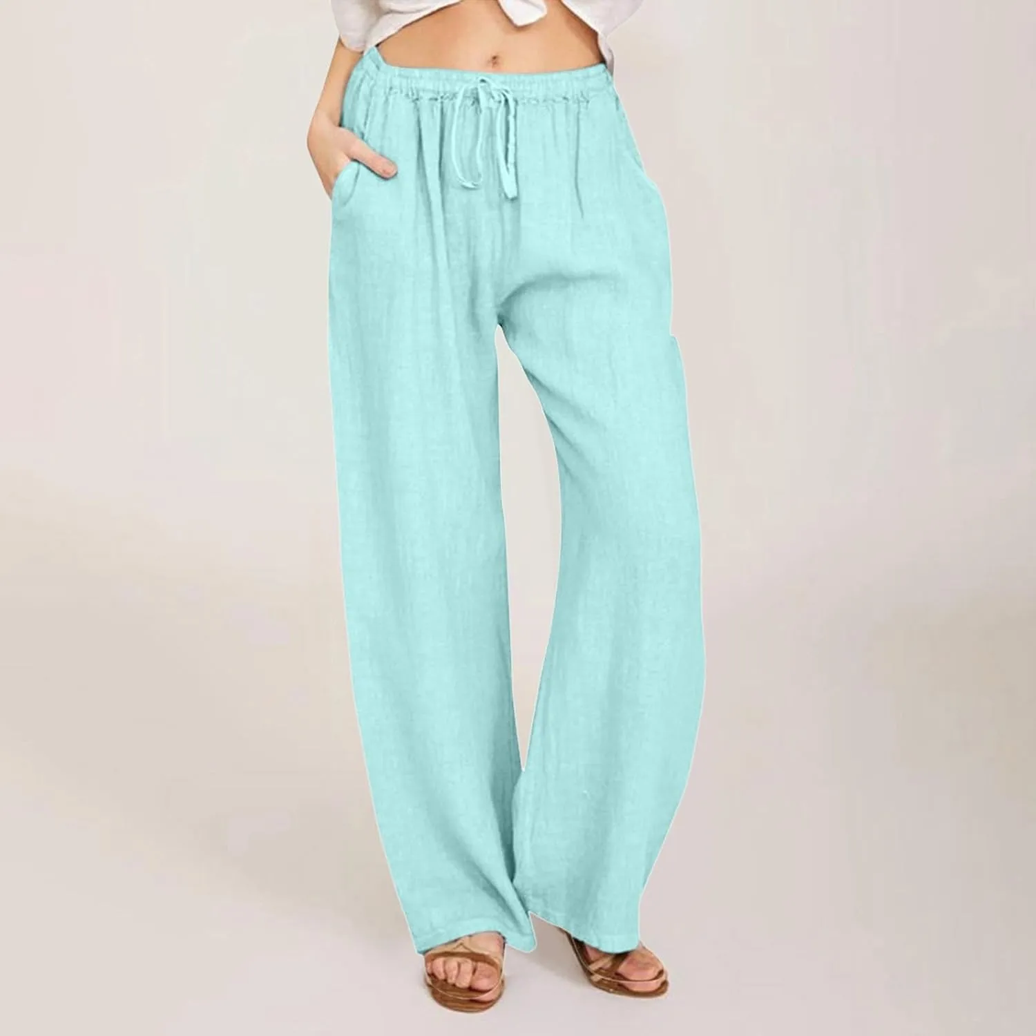 Cotton Linen Pants Women Straight Leg Casual Elastic High Waist Drawstring Work Trousers Loose Summer Palazzo Pants