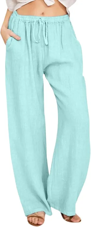 Cotton Linen Pants Women Straight Leg Casual Elastic High Waist Drawstring Work Trousers Loose Summer Palazzo Pants