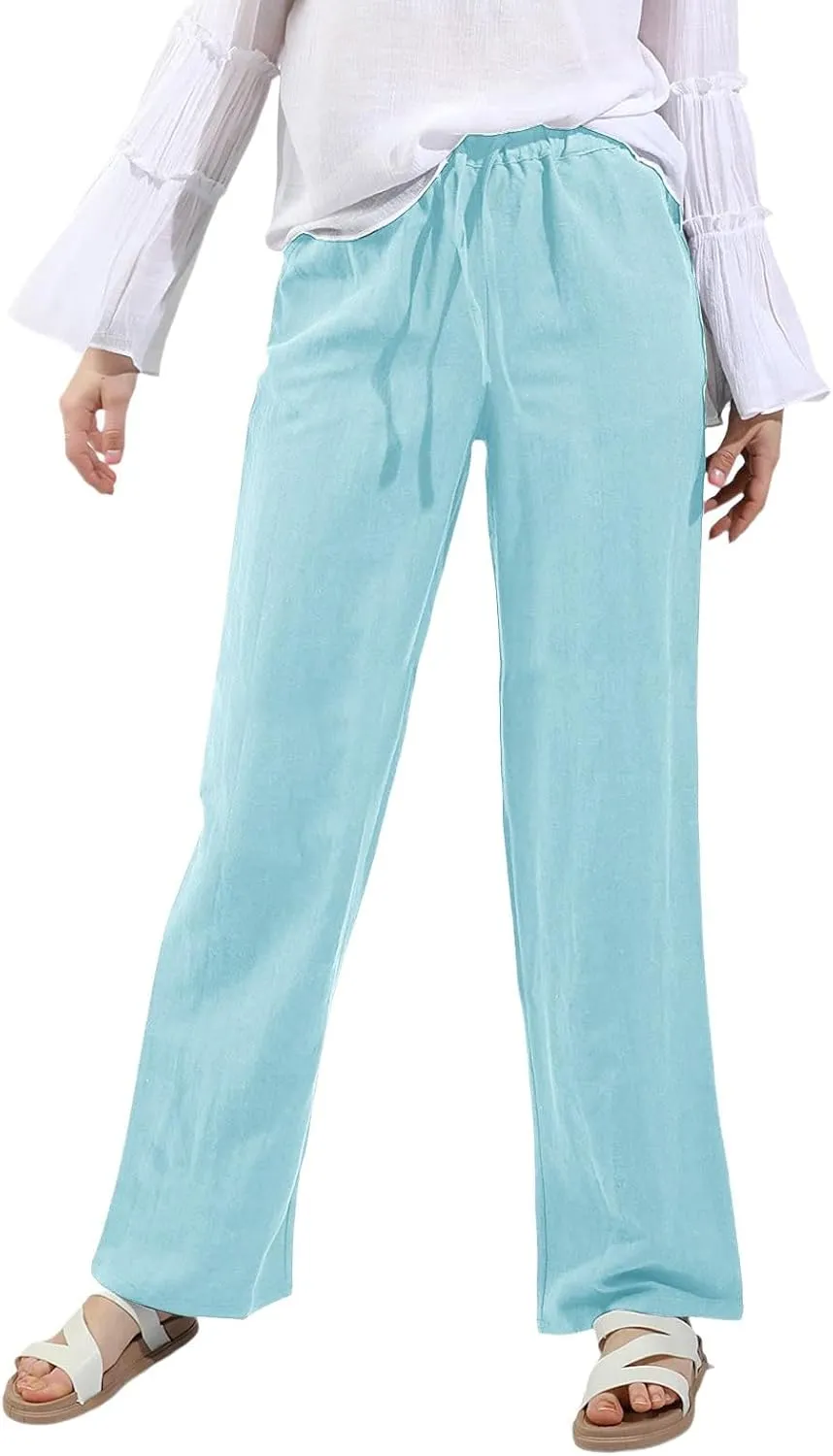 Cotton Linen Pants Women Straight Leg Casual Elastic High Waist Drawstring Work Trousers Loose Summer Palazzo Pants