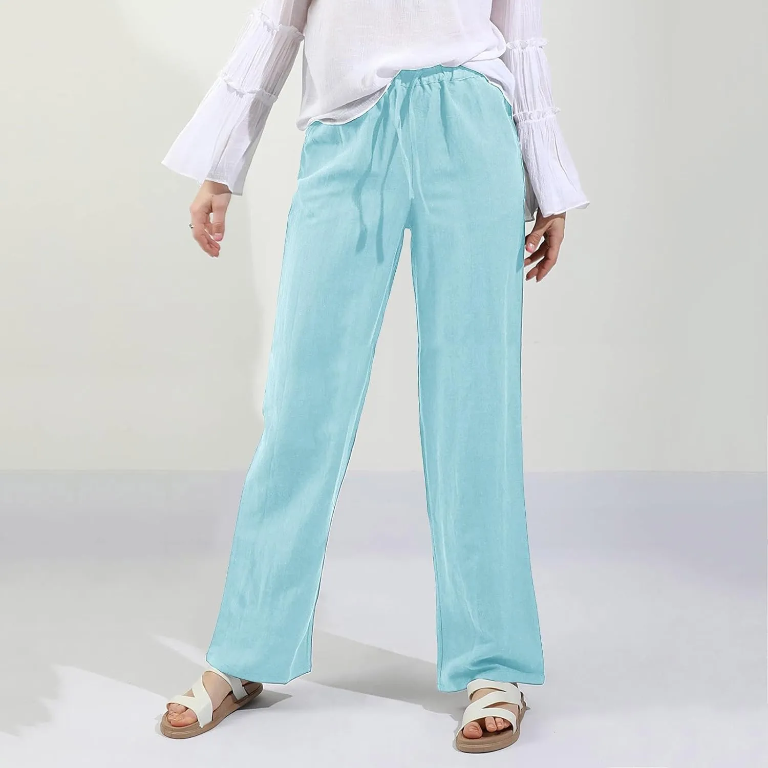 Cotton Linen Pants Women Straight Leg Casual Elastic High Waist Drawstring Work Trousers Loose Summer Palazzo Pants