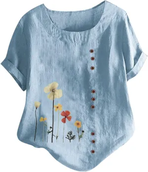 Cotton Linen Tops for Women Loose Fit Casual Roll Up Short Sleeve T-Shirt Trendy Cute Floral Print Blouse 2025 Summer