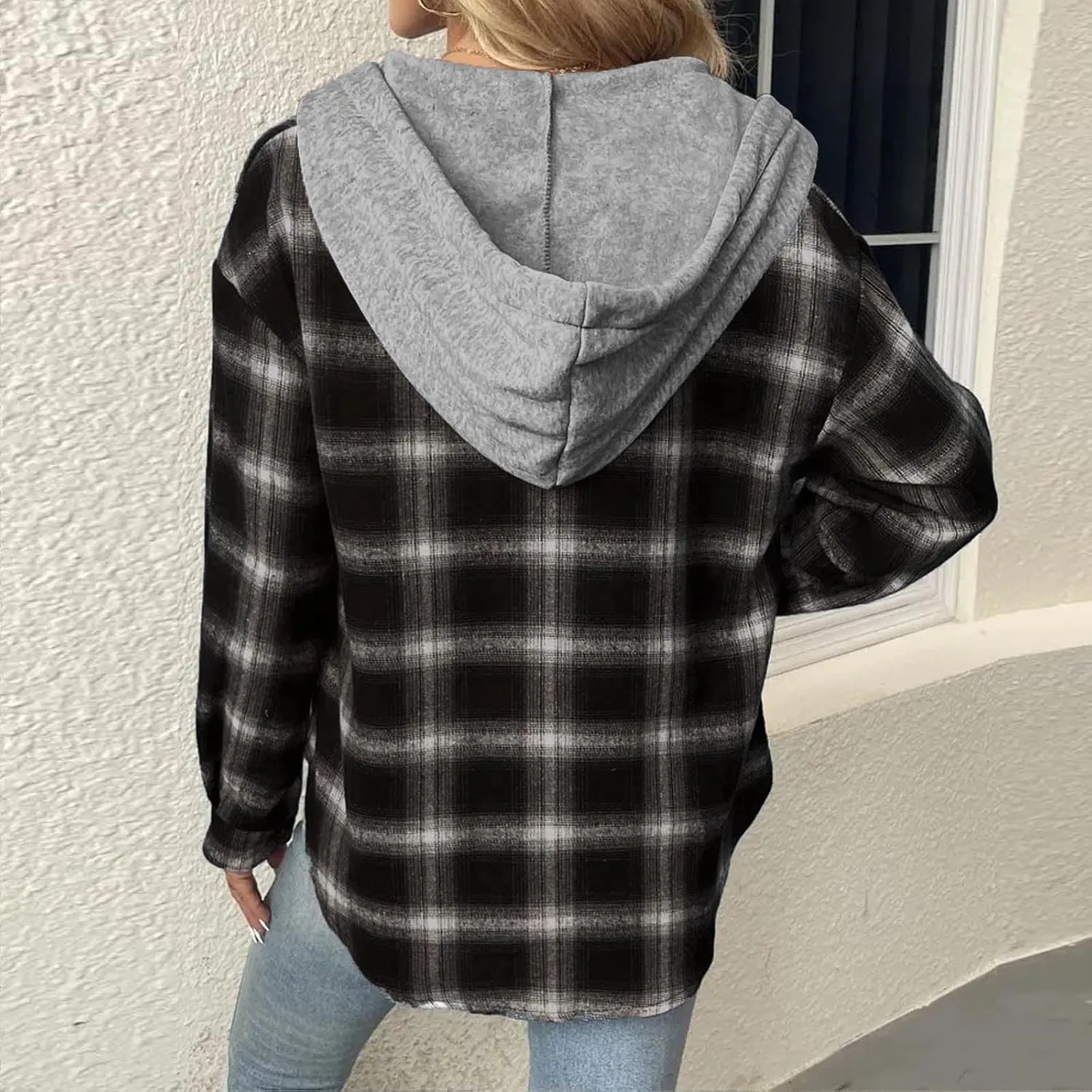Cotton Women's Plaid Hooded Shirt Jacket Button Down Shacket Drawstring Hooded Fall Streetwear Leisure Commuting