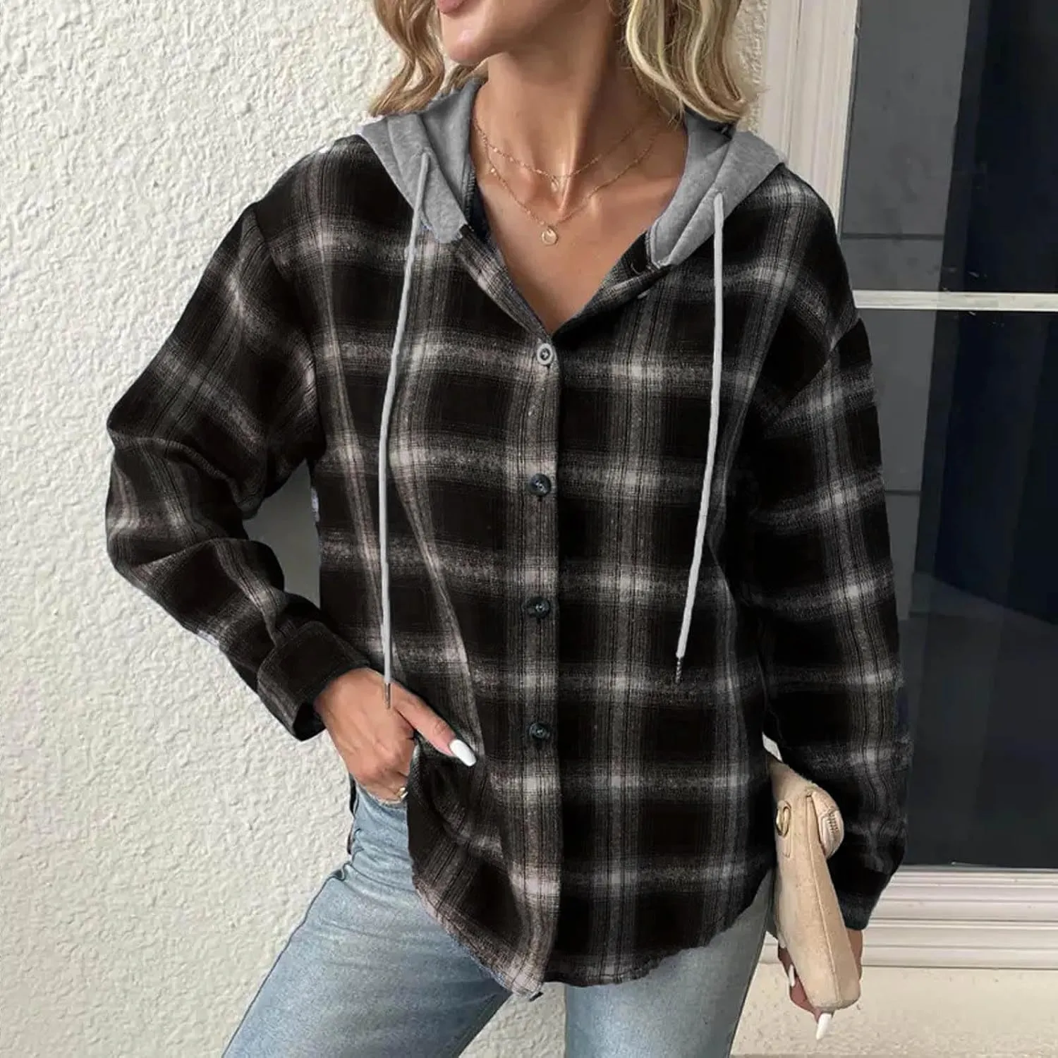 Cotton Women's Plaid Hooded Shirt Jacket Button Down Shacket Drawstring Hooded Fall Streetwear Leisure Commuting