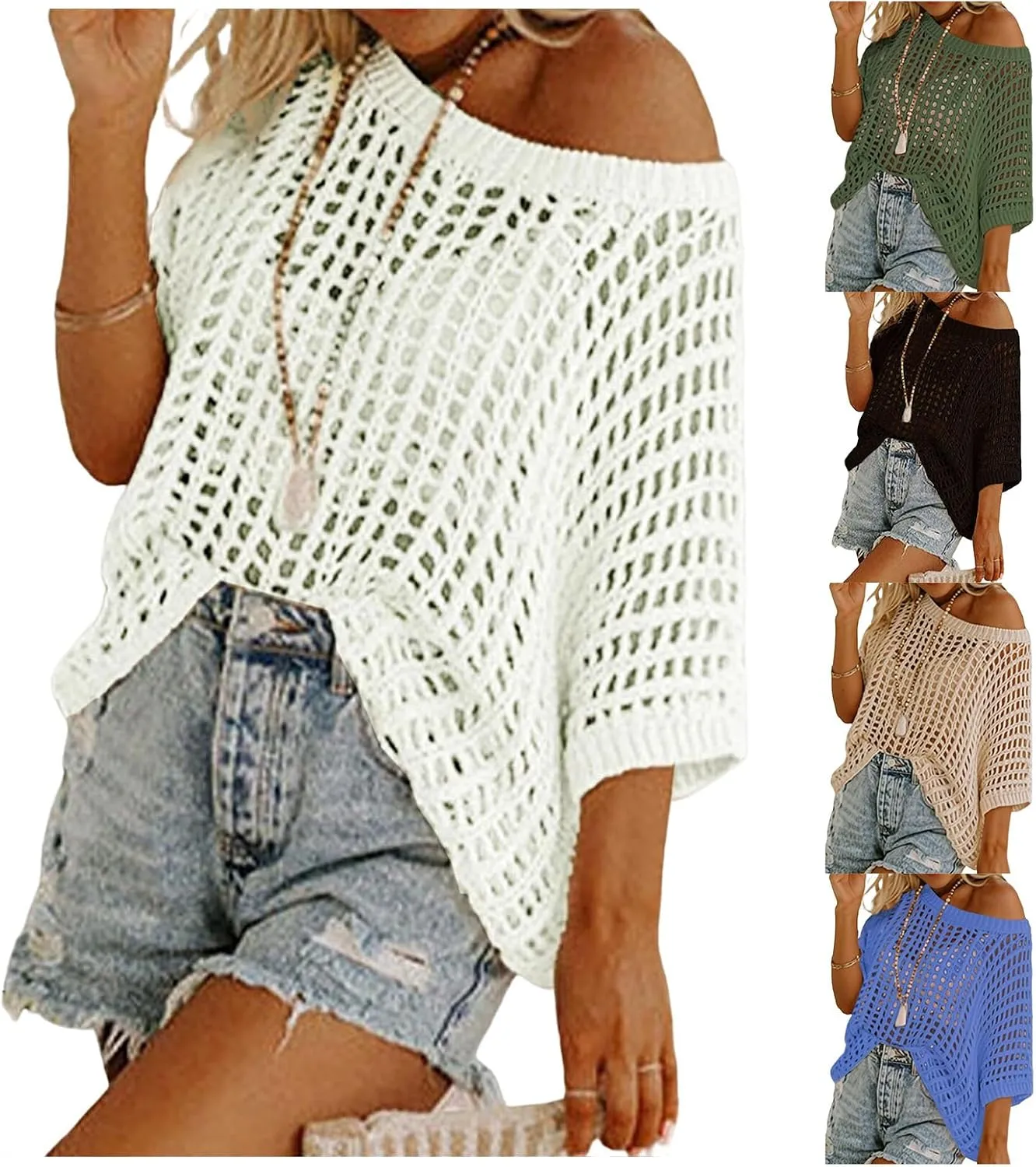 Crochet Tops for Women Oversized 3/4 Sleeve Sweater Hollow Out Scoop Neck Pullover Knit Shirts Casual Beach Cover Ups