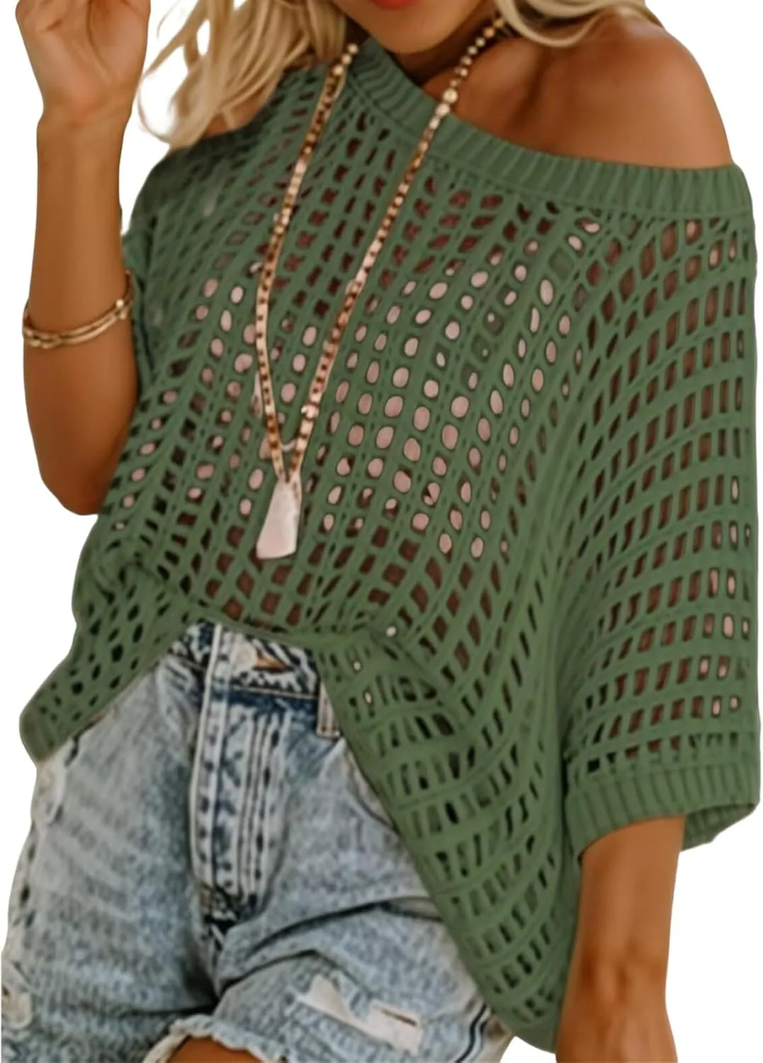 Crochet Tops for Women Oversized 3/4 Sleeve Sweater Hollow Out Scoop Neck Pullover Knit Shirts Casual Beach Cover Ups