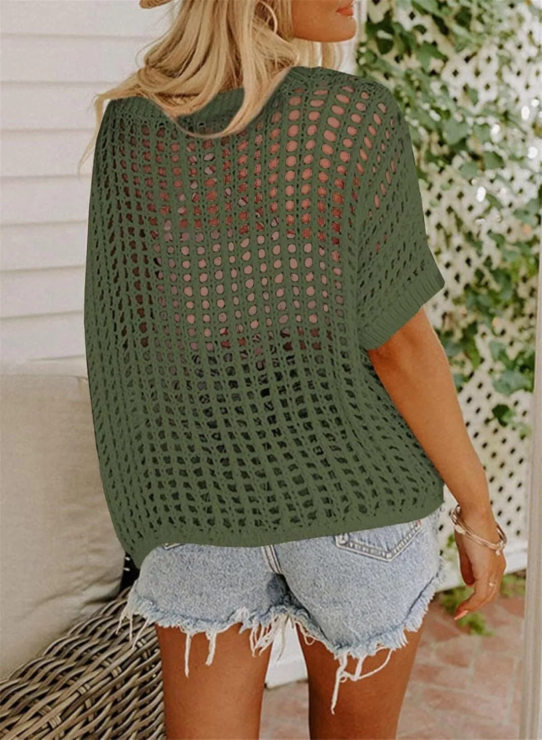 Crochet Tops for Women Oversized 3/4 Sleeve Sweater Hollow Out Scoop Neck Pullover Knit Shirts Casual Beach Cover Ups