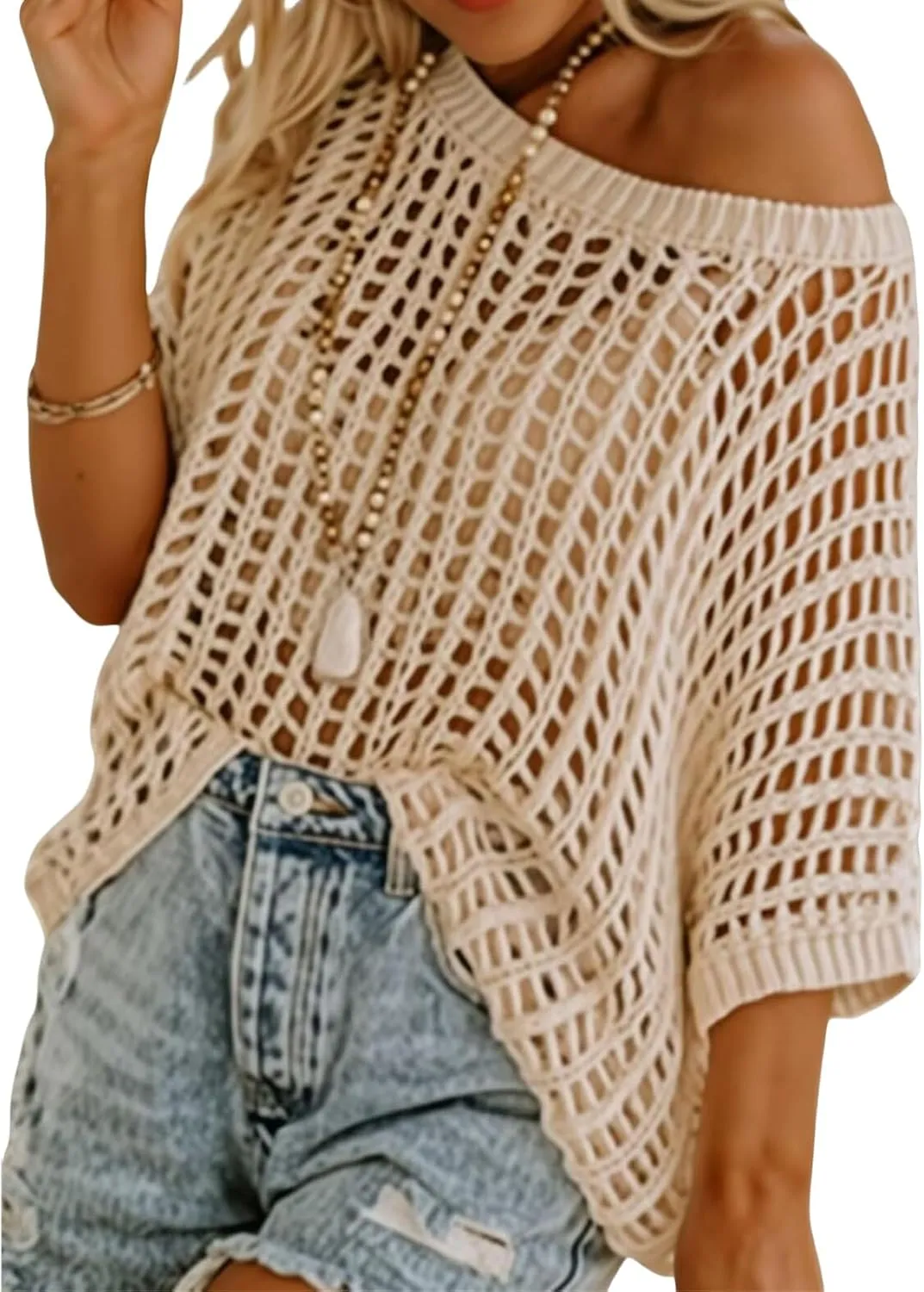 Crochet Tops for Women Oversized 3/4 Sleeve Sweater Hollow Out Scoop Neck Pullover Knit Shirts Casual Beach Cover Ups