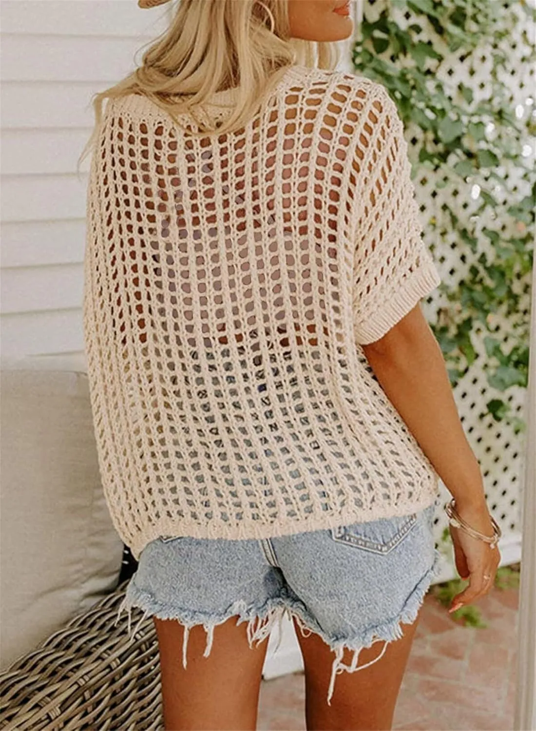 Crochet Tops for Women Oversized 3/4 Sleeve Sweater Hollow Out Scoop Neck Pullover Knit Shirts Casual Beach Cover Ups