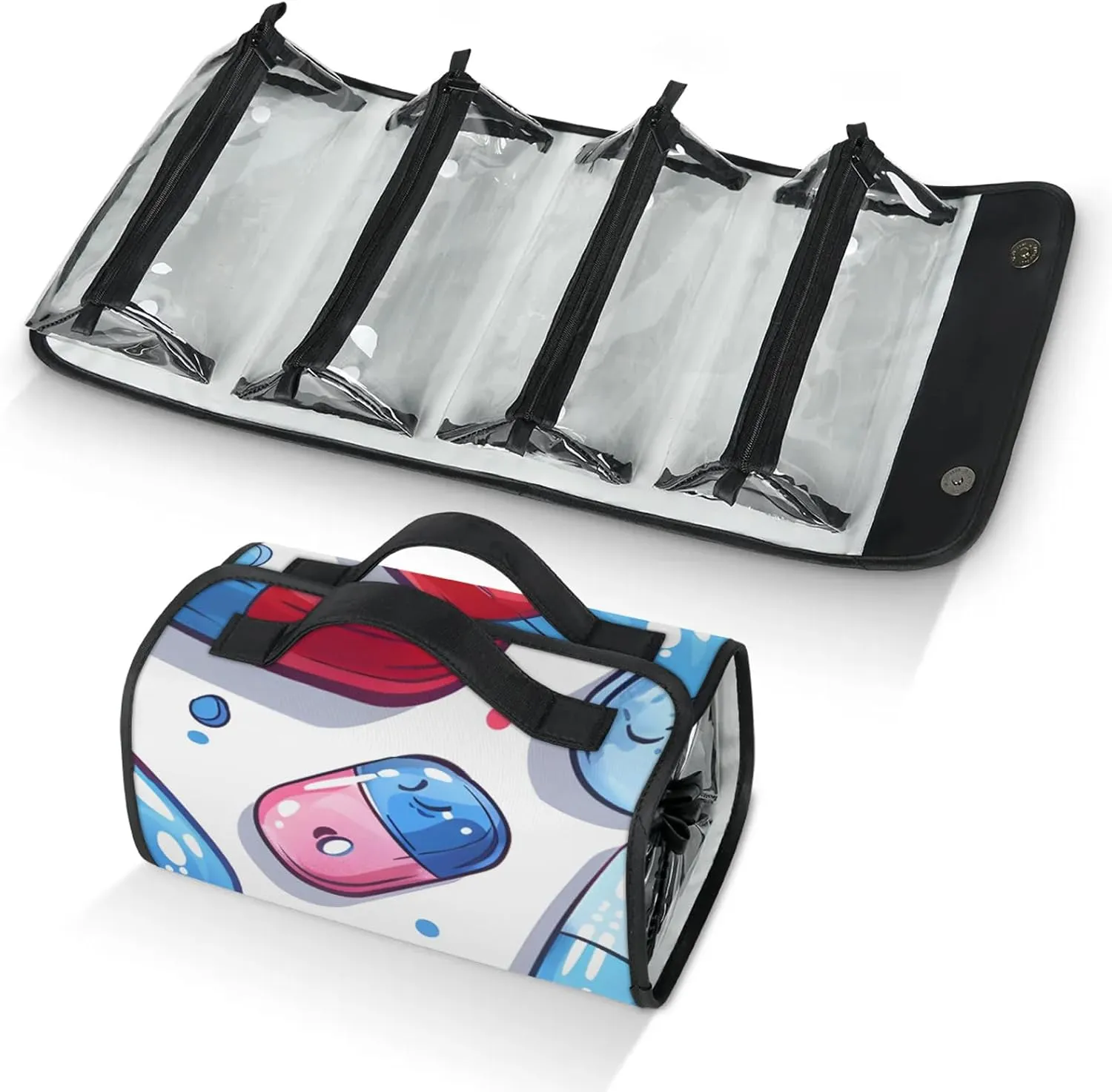 Cute Pill Pattern Travel Toiletry Bag for Women, 4 in 1 Roll Up Makeup Cosmetic Bag With 4 Removable PVC Zipper Pouch