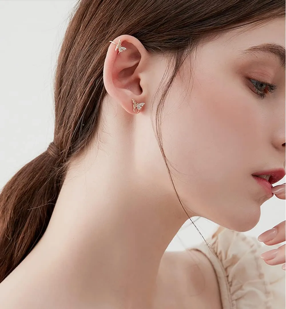 Dainty Butterfly Ear Cuffs Stud Earrings 925 Sterling Silver for Women Fashion Crystal CZ Non Piercing Clip On Cartilage Studs Earring Wraps Wedding Jewelry Gifts Hypoallergenic