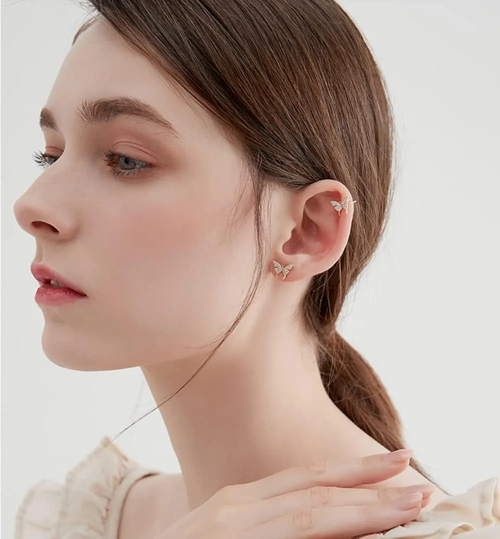 Dainty Butterfly Ear Cuffs Stud Earrings 925 Sterling Silver for Women Fashion Crystal CZ Non Piercing Clip On Cartilage Studs Earring Wraps Wedding Jewelry Gifts Hypoallergenic