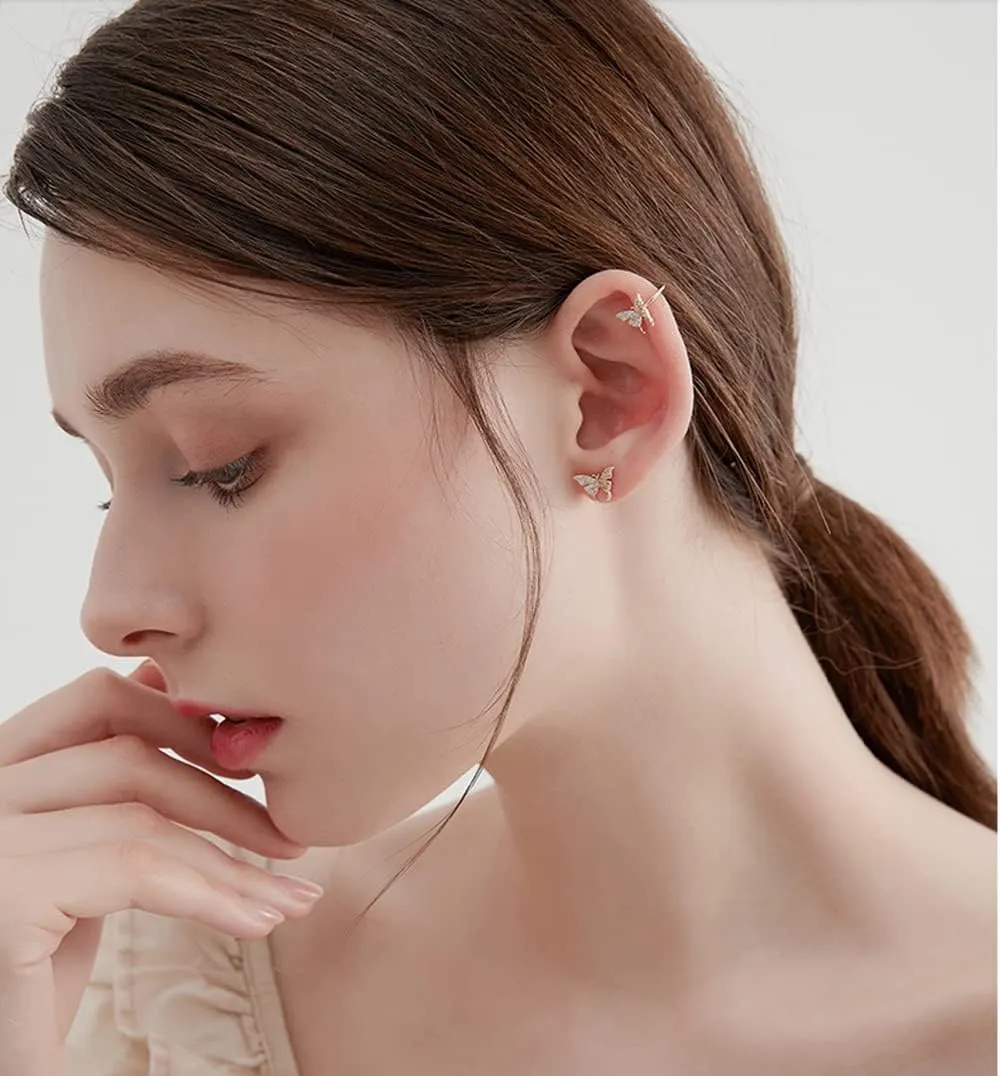 Dainty Butterfly Ear Cuffs Stud Earrings 925 Sterling Silver for Women Fashion Crystal CZ Non Piercing Clip On Cartilage Studs Earring Wraps Wedding Jewelry Gifts Hypoallergenic