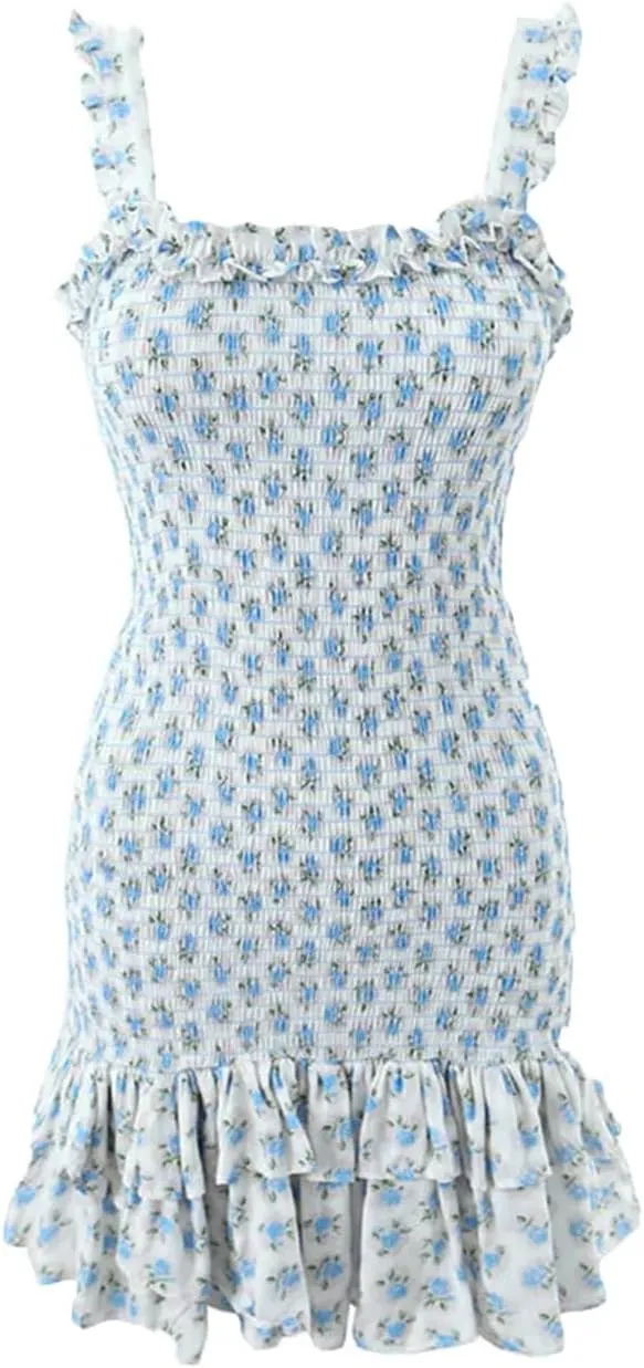 DBFBDTU Slip Dress for Women Floral Print Elastic Tight Mini Dress Ruffles Backless Straped Dresses