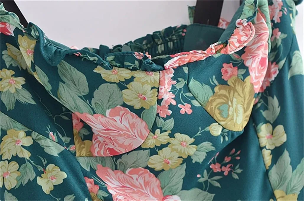 DBFBDTU Women Holiday Style Floral Print Ruffles Elastic Waist Lace-Up Slip Dress Mini Flower Dress