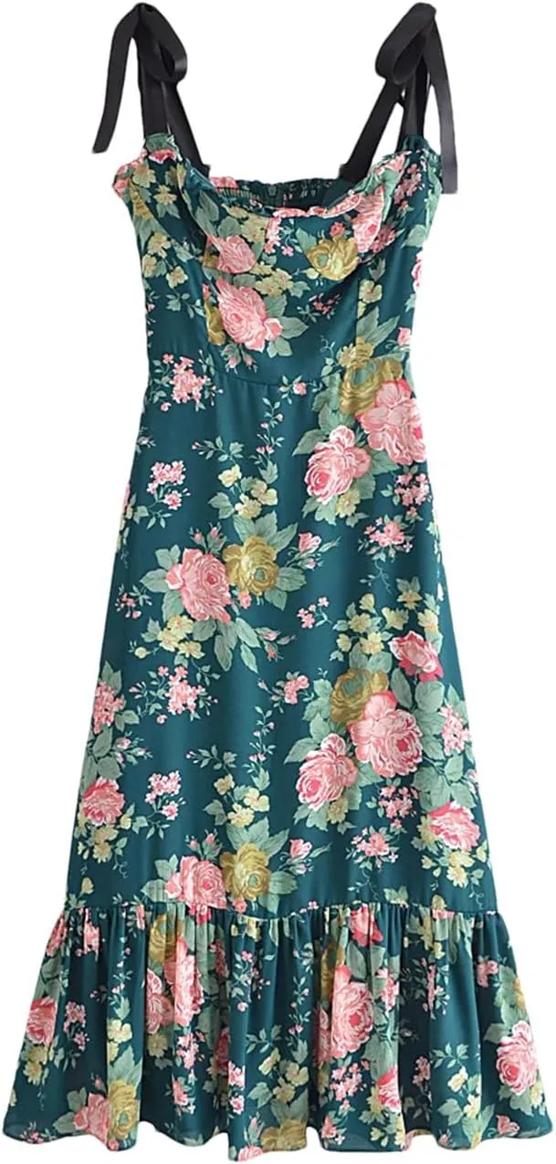DBFBDTU Women Holiday Style Floral Print Ruffles Elastic Waist Lace-Up Slip Dress Mini Flower Dress