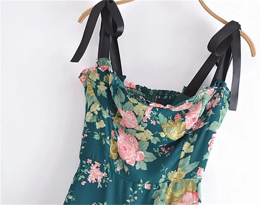 DBFBDTU Women Holiday Style Floral Print Ruffles Elastic Waist Lace-Up Slip Dress Mini Flower Dress