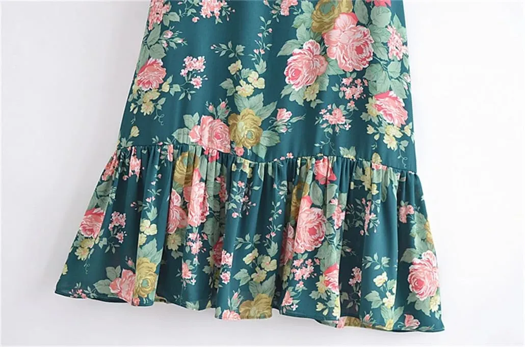 DBFBDTU Women Holiday Style Floral Print Ruffles Elastic Waist Lace-Up Slip Dress Mini Flower Dress