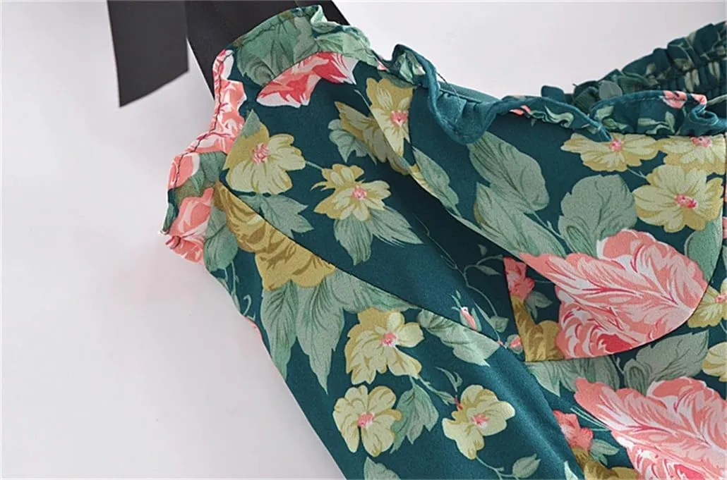 DBFBDTU Women Holiday Style Floral Print Ruffles Elastic Waist Lace-Up Slip Dress Mini Flower Dress