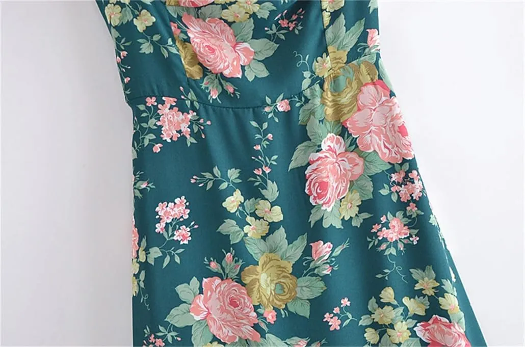 DBFBDTU Women Holiday Style Floral Print Ruffles Elastic Waist Lace-Up Slip Dress Mini Flower Dress
