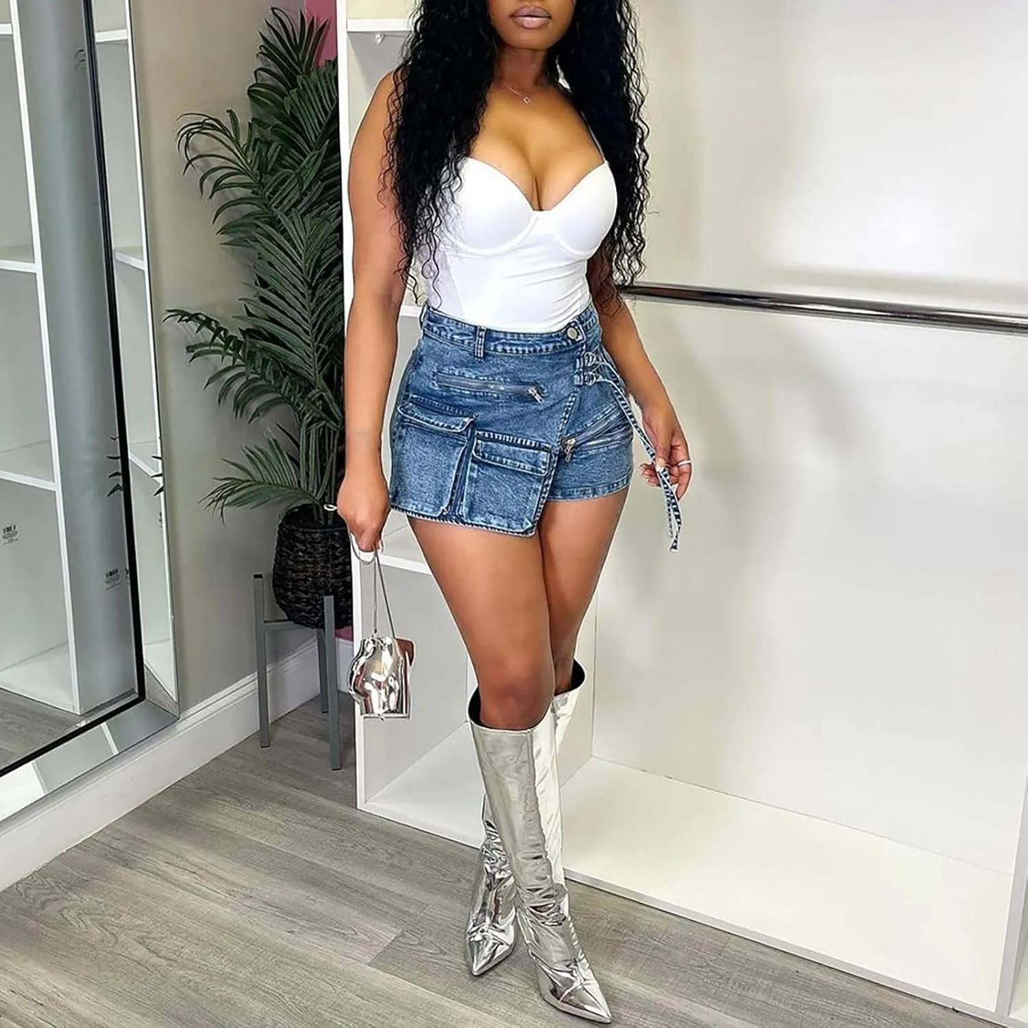 Denim Mini Skirts for Women Summer Sexy Y2K Wrap Stretchy Cargo High Waisted Jean Shorts with Pockets Streetwear