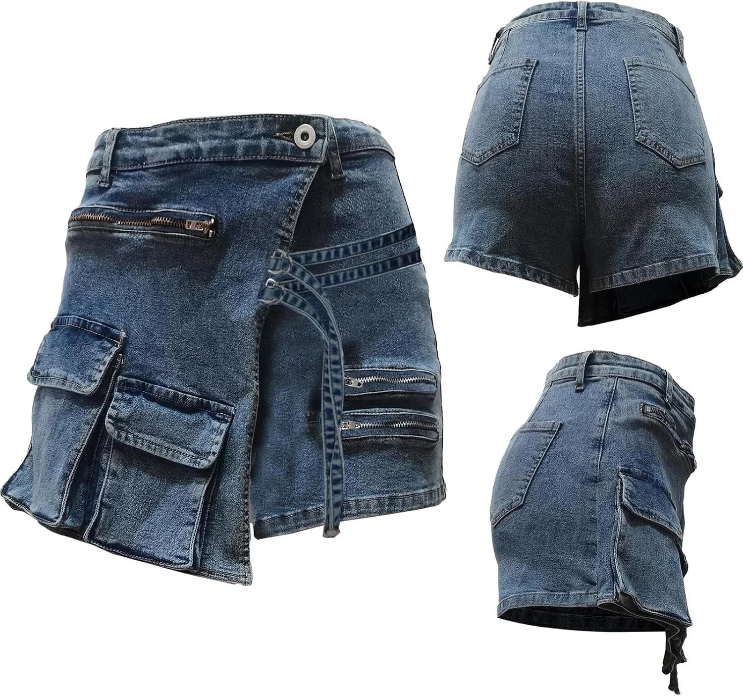 Denim Mini Skirts for Women Summer Sexy Y2K Wrap Stretchy Cargo High Waisted Jean Shorts with Pockets Streetwear