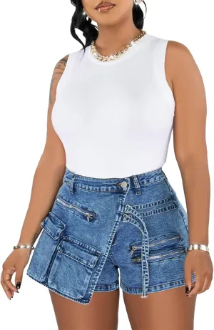 Denim Mini Skirts for Women Summer Sexy Y2K Wrap Stretchy Cargo High Waisted Jean Shorts with Pockets Streetwear