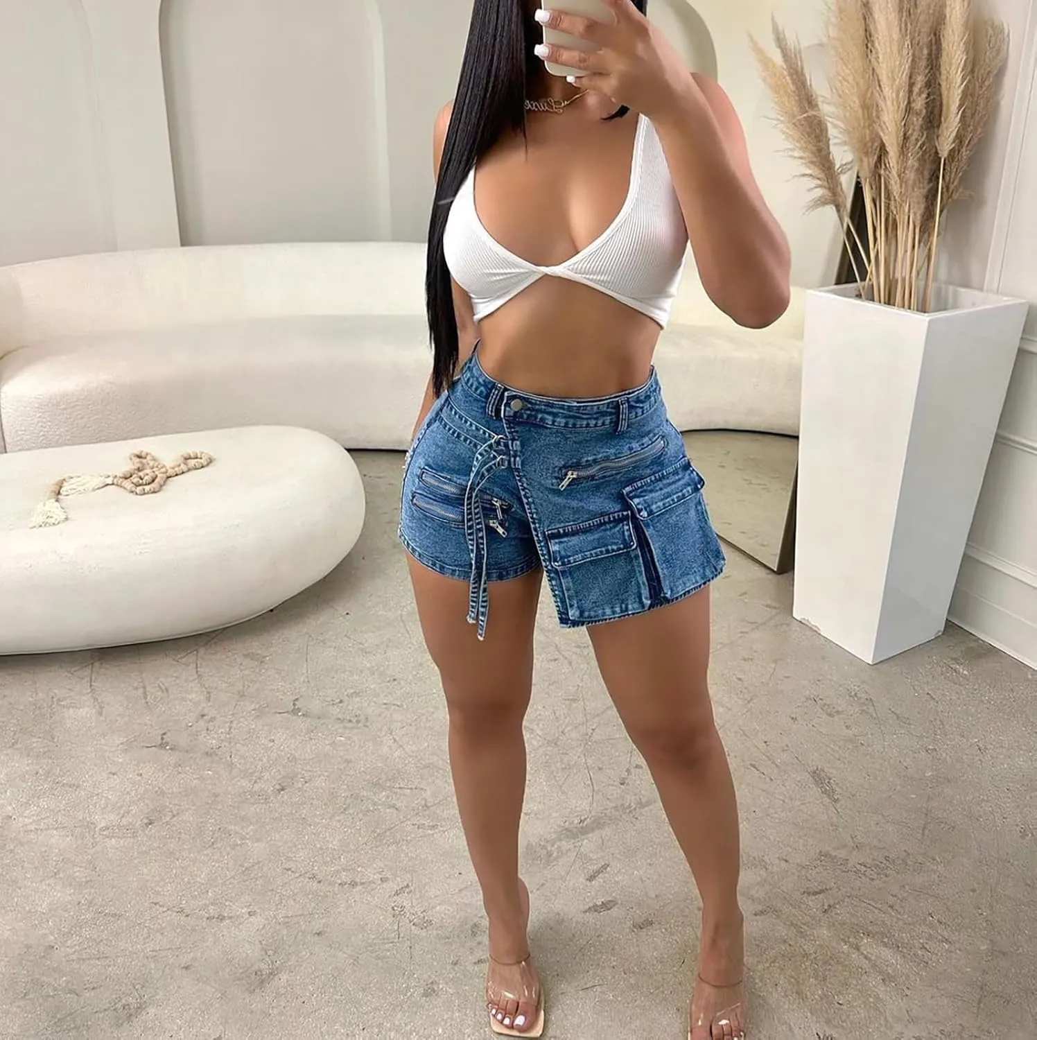 Denim Mini Skirts for Women Summer Sexy Y2K Wrap Stretchy Cargo High Waisted Jean Shorts with Pockets Streetwear