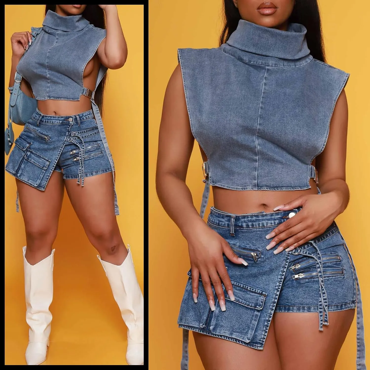 Denim Mini Skirts for Women Summer Sexy Y2K Wrap Stretchy Cargo High Waisted Jean Shorts with Pockets Streetwear