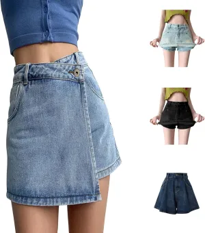 Denim Skort Skirts for Women Mini Jean Skort Casual High Waisted Solid A-Line Button 2 in 1 Loose Beach Trendy