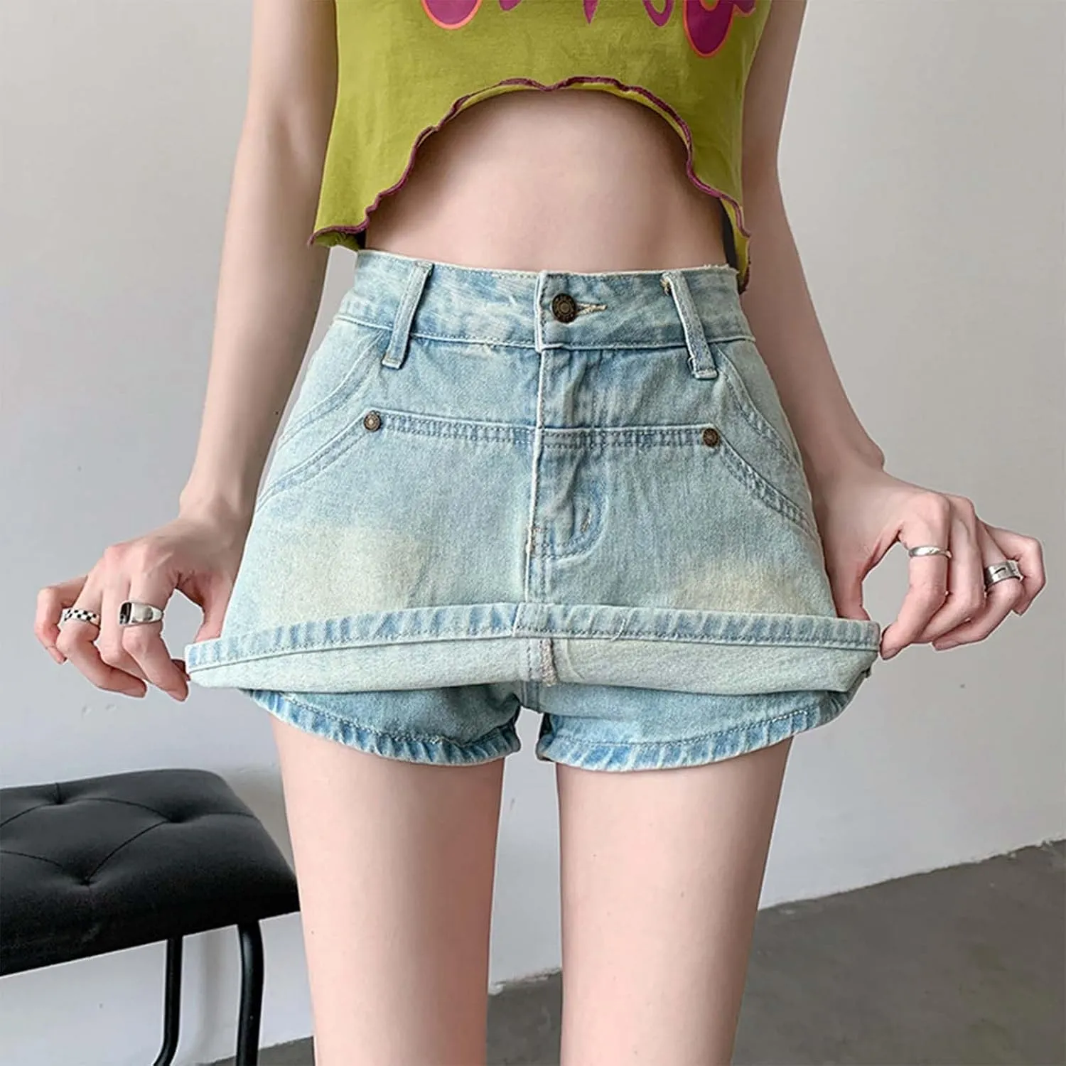 Denim Skort Skirts for Women Mini Jean Skort Casual High Waisted Solid A-Line Button 2 in 1 Loose Beach Trendy