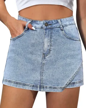 Denim Skorts for Women Skirt Stretchy High Waisted Womens Skirts Asymmetrical Hem Casual Mini Jean Skirt with Shorts