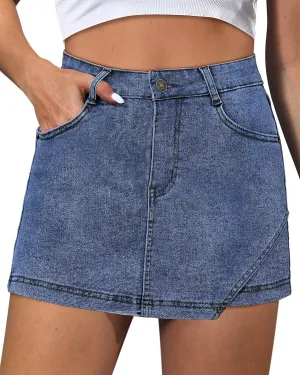 Denim Skorts for Women Skirt Stretchy High Waisted Womens Skirts Asymmetrical Hem Casual Mini Jean Skirt with Shorts
