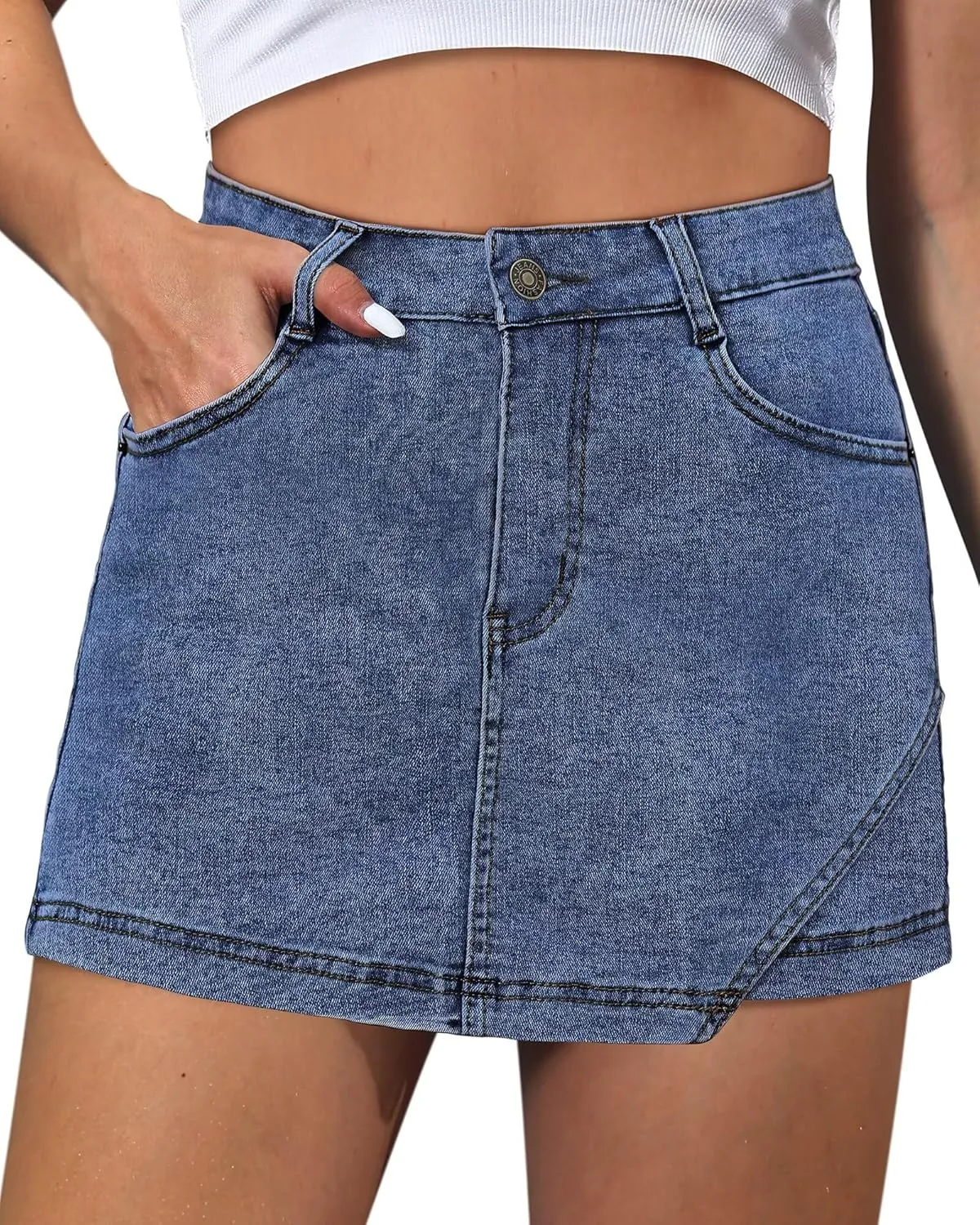 Denim Skorts for Women Skirt Stretchy High Waisted Womens Skirts Asymmetrical Hem Casual Mini Jean Skirt with Shorts