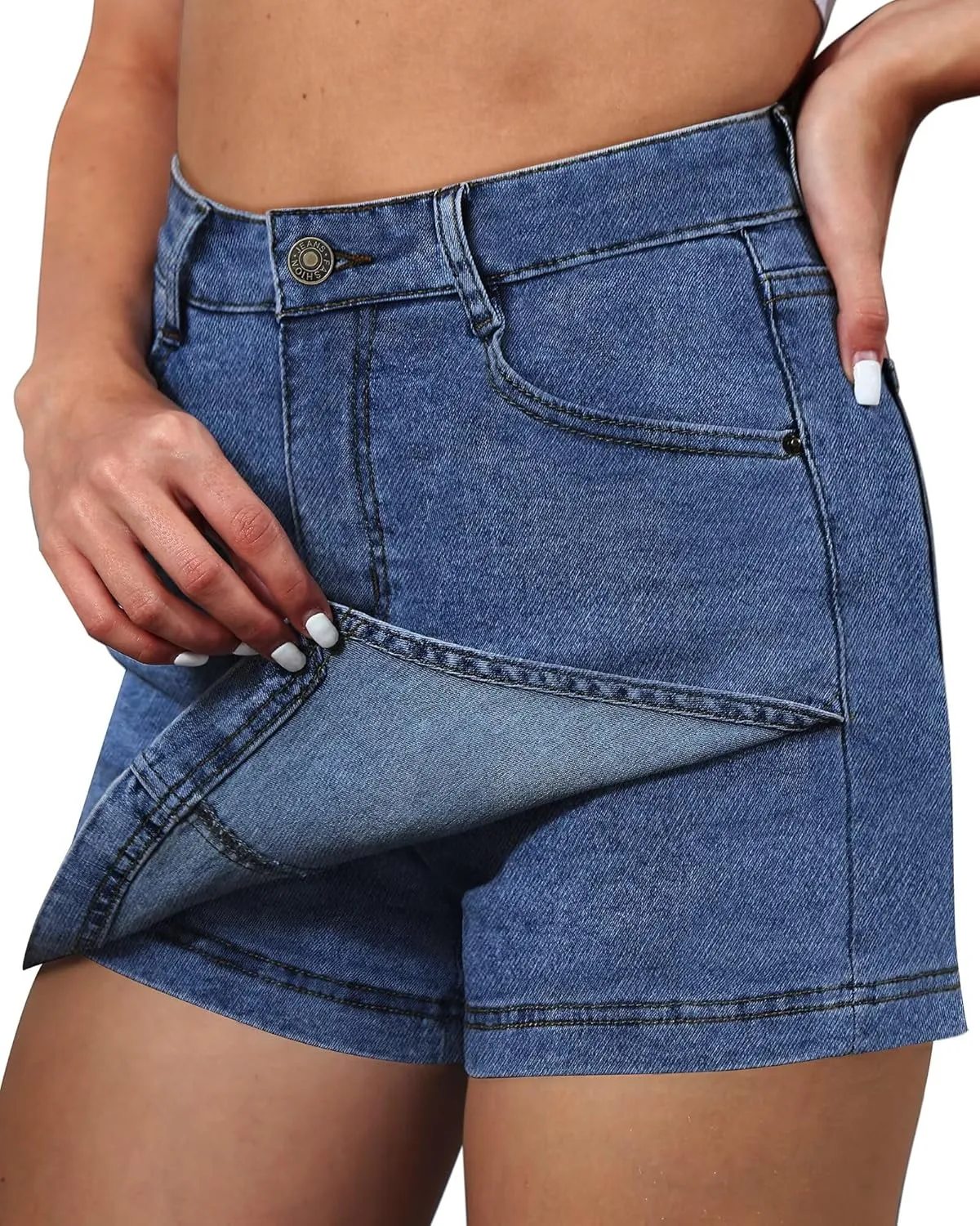 Denim Skorts for Women Skirt Stretchy High Waisted Womens Skirts Asymmetrical Hem Casual Mini Jean Skirt with Shorts