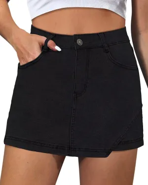 Denim Skorts for Women Skirt Stretchy High Waisted Womens Skirts Asymmetrical Hem Casual Mini Jean Skirt with Shorts