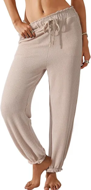 Dokotoo Womens Casual Pants Drawstring Textured 2024 High Waisted Ribbed Fall Long Carrot Baggy Trousers with Pockets